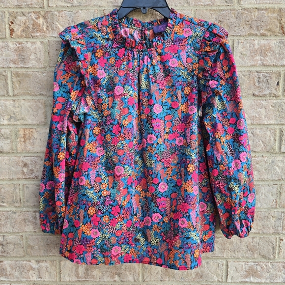 J. Crew Liberty Ciara Ruffleneck Flutter Sleeve Floral Top Pleated Pink Small - Picture 6 of 13